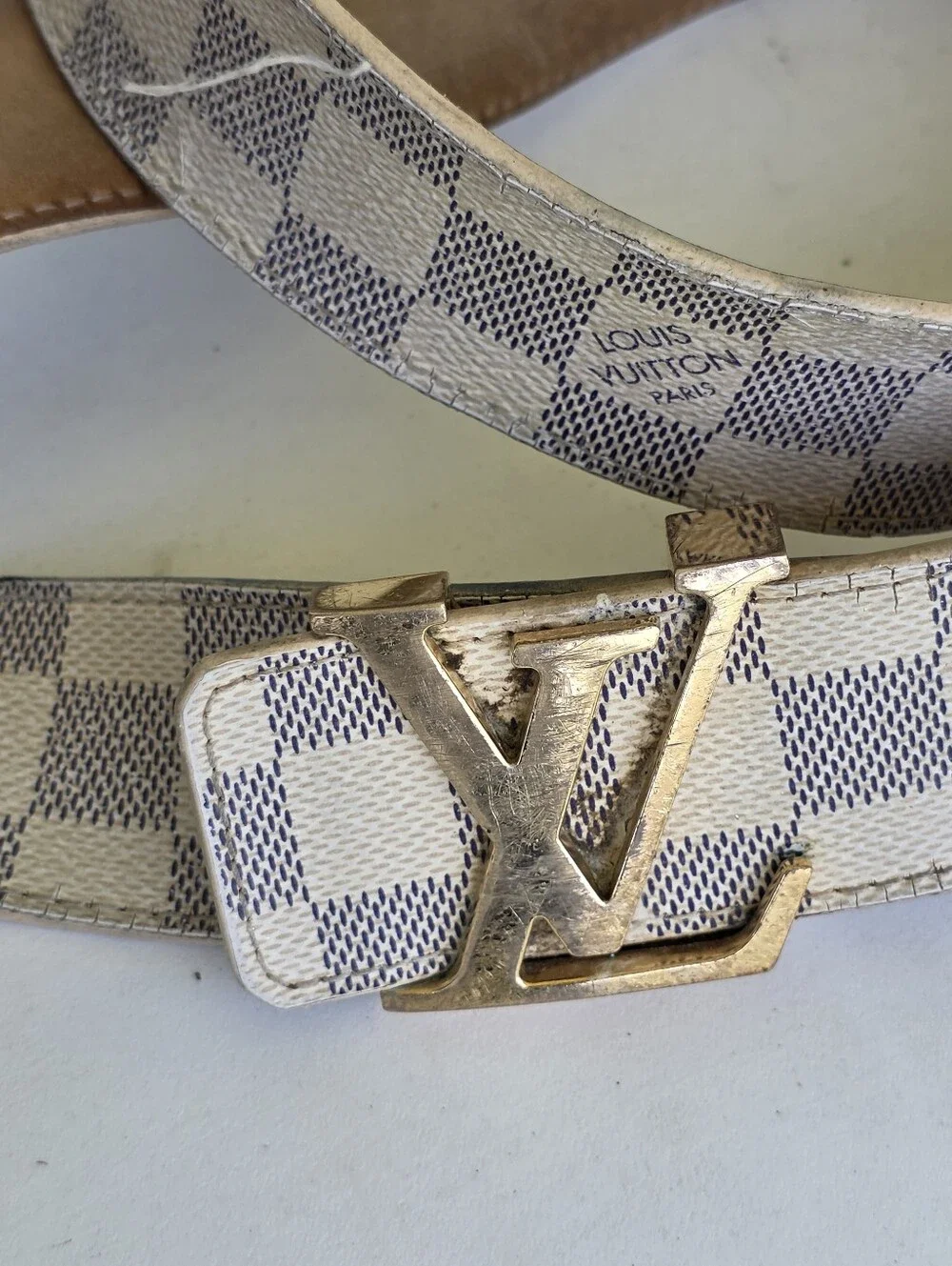 Authentic Louis Vuitton Damier Azur LV Initials Belt Gold Buckle Unisex Sz 44